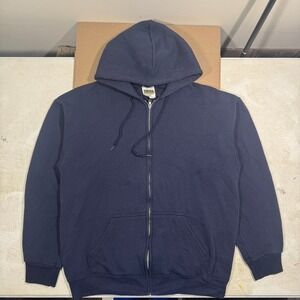 Vintage Tultex Zip Up Hoodie Sweatshirt Blank Navy Large Boxy Fit 90s